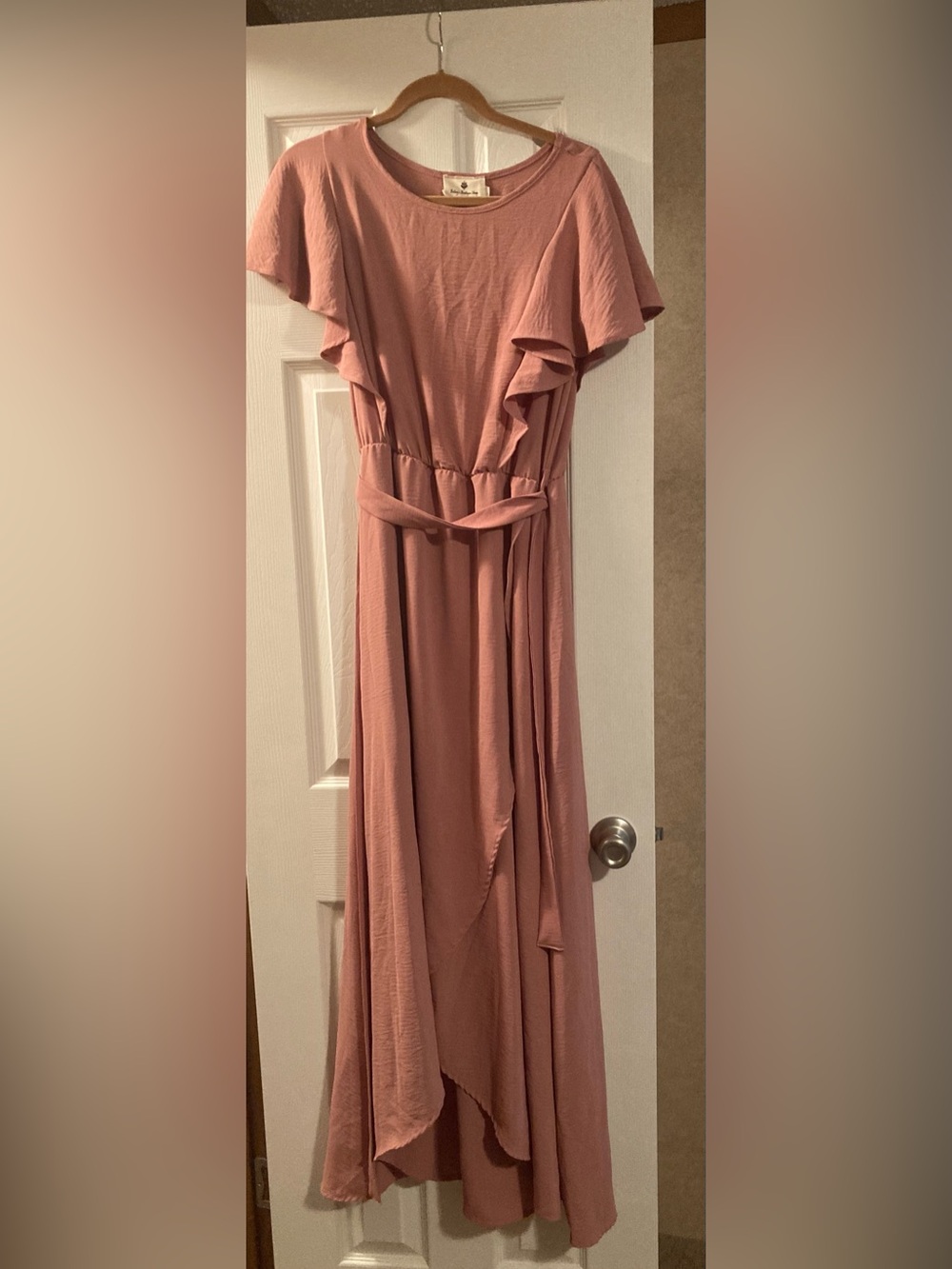 Ruffle Sleeve Belted Maxi Dress in Dusty Rose